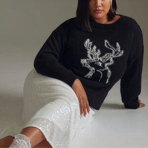 Anthropologie Black Sweater with White Reindeer Design